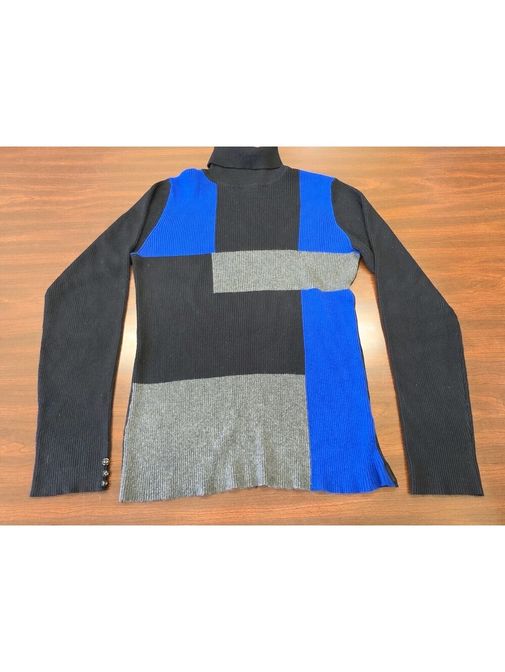 By Design Womens XL Colorblock Rib Knit Sweater Blue Gray Black Stretch Pullover